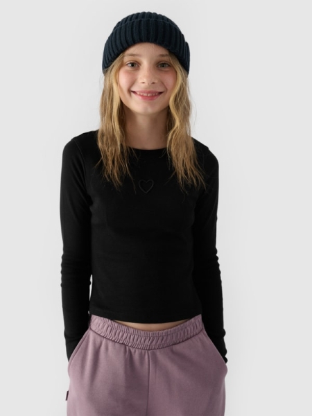 Camiseta De Manga Larga Ajustada Lisa Para Niña - Negro - 4FJWAW24TLONF292  