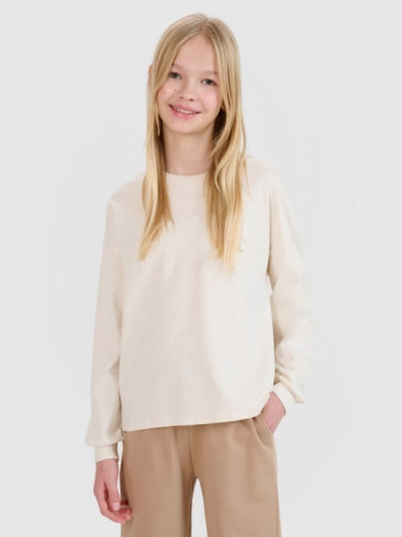 Camiseta Oversize de Manga Larga Lisa para Chica - Beige - 4FJWSS25TLONF377       