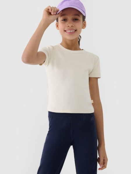 Camiseta slim crop-top lisa de niña - beige 4FJWSS25TTSHF1852 Beige