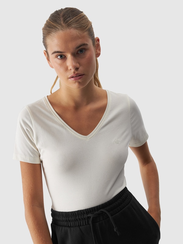 T-shirt con Cuello en V para Mujer - Beige - 4FWAW24TTSHF1649   