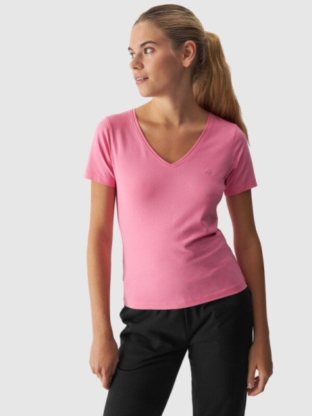 T-shirt con Cuello en V para Mujer - Rosa - 4FWAW24TTSHF1649   