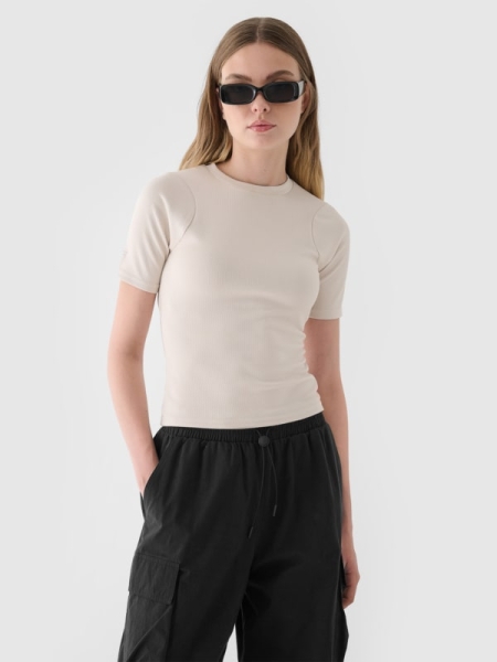 Camiseta slim crop-top lisa de mujer - beige 4FWAW24TTSHF1806 Beige