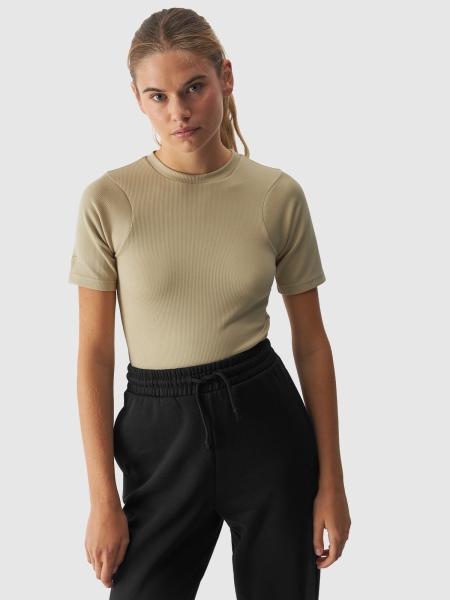 Camiseta slim crop-top lisa de mujer - caqui 4FWAW24TTSHF1806 oliva/caqui