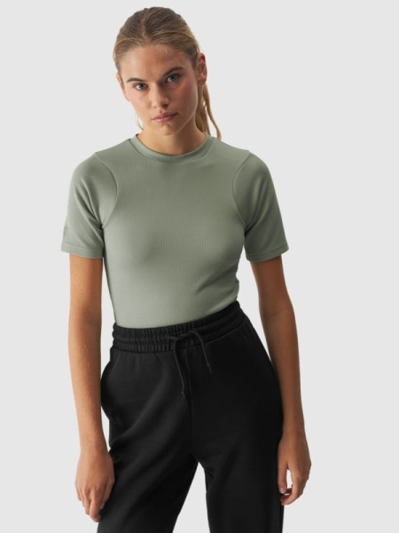 Camiseta slim crop-top lisa de mujer - caqui 4FWAW24TTSHF1806 oliva/caqui