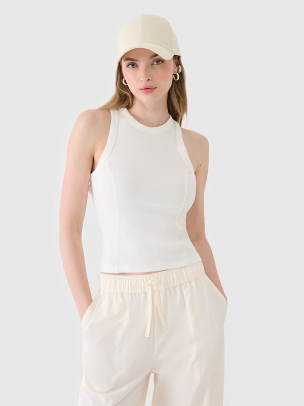 Top de punto de canalé entallado para mujer - blanco 4FWSS25TSLEF119 Blanco