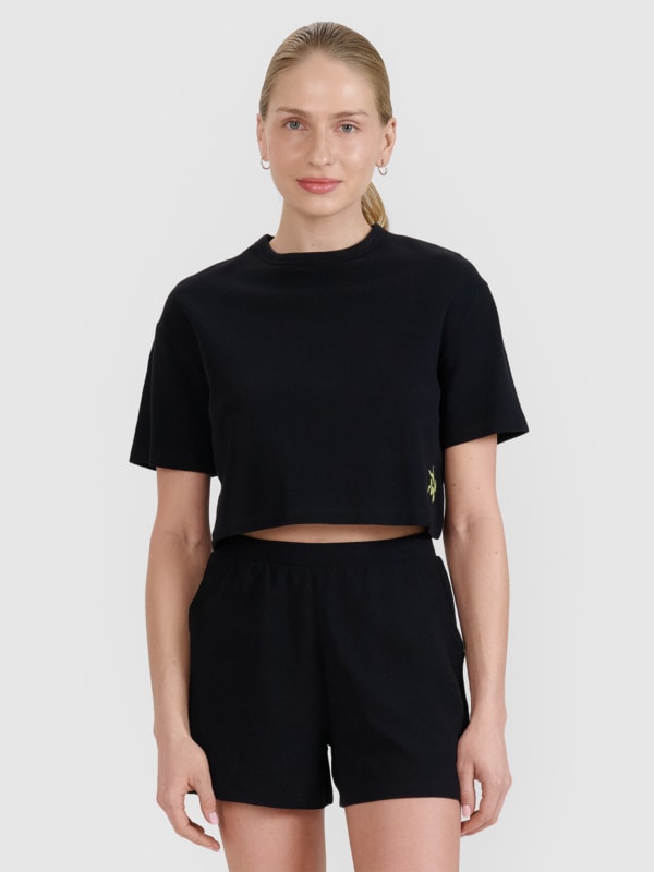 Camiseta crop-top mujer de punto gofre - negro 4FWSS25TTSHF1977 negro