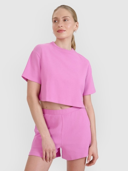 Camiseta crop-top de mujer de punto gofre - rosa 4FWSS25TTSHF1977 rosa